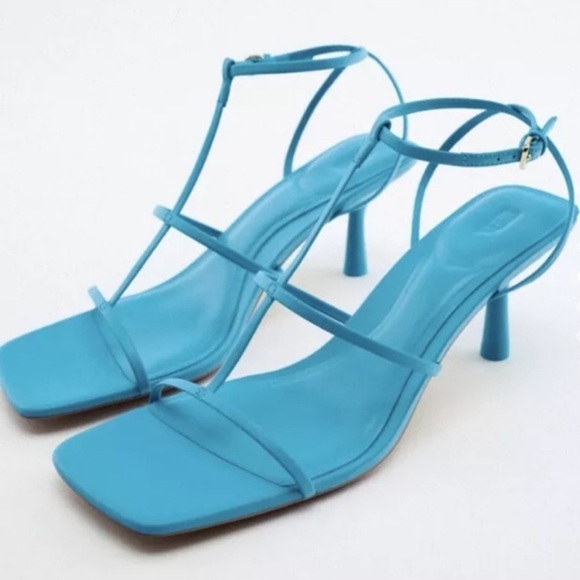 ZARA Blue Leather‎ Strappy Square Toe Heeled Size 39 US 8 - Picture 1 of 7
